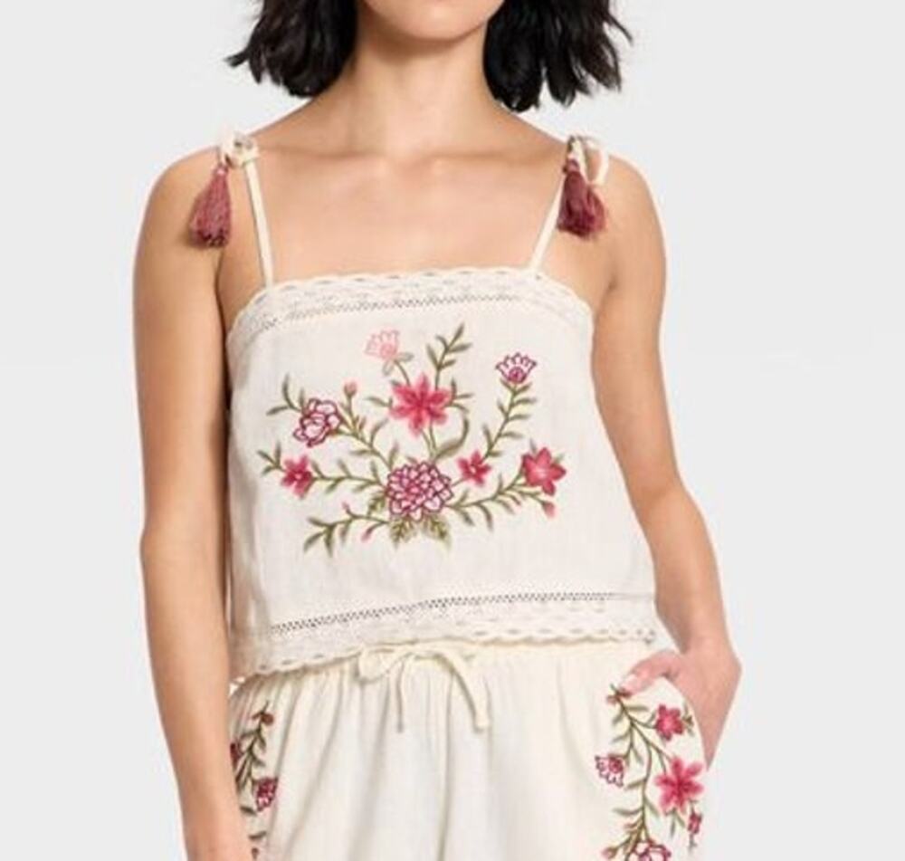 Universal Thread Floral Embroidered Sleeveless Tie Strap Tank Top Cream Medium